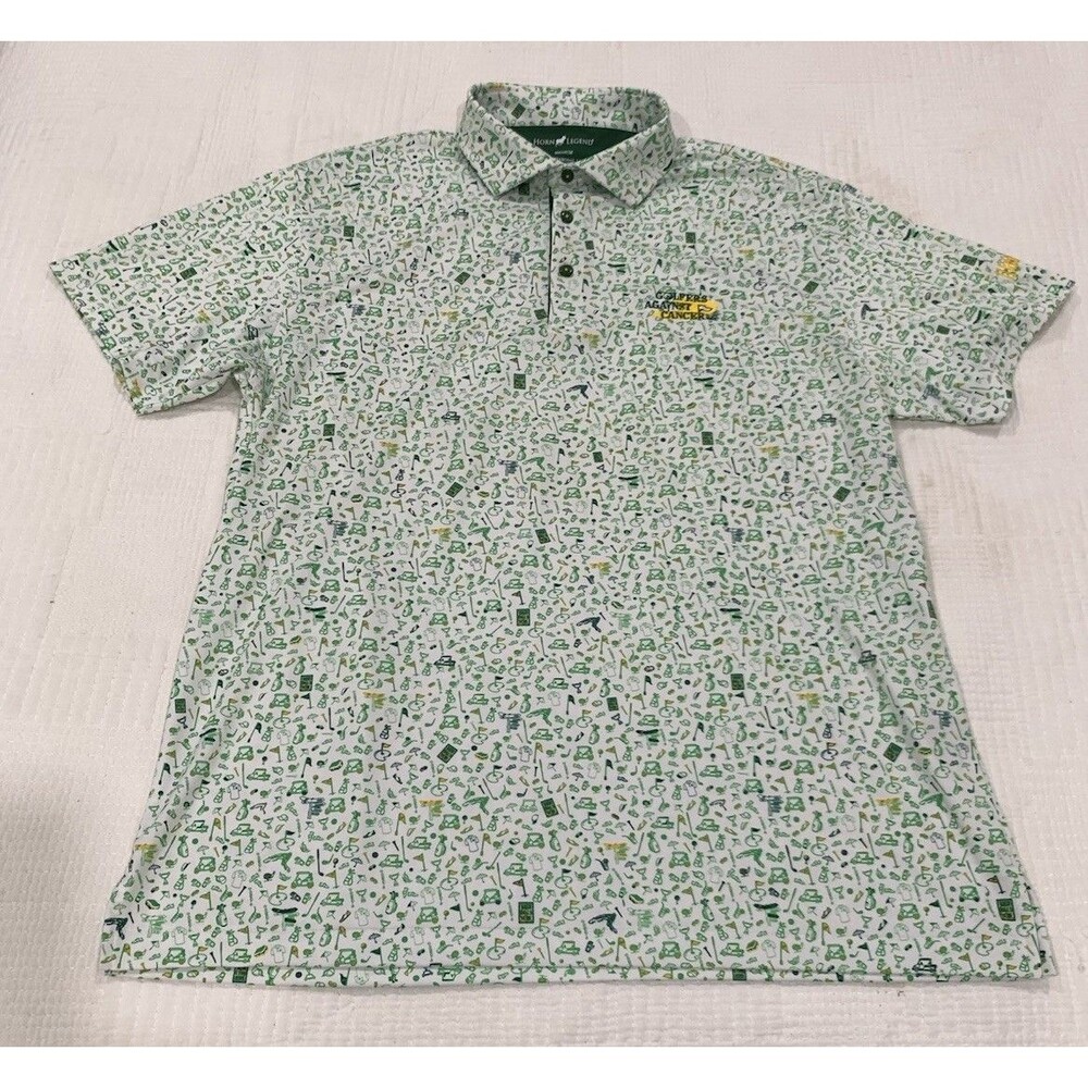 Horn Legend Men Medium Bamboo Charcoal Luxury Polo Shirt Green Masters AOP